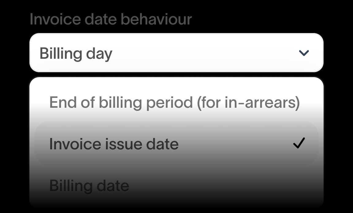 Invoice date behaviour dropdown with options for billing day, end of billing period, and invoice issue date