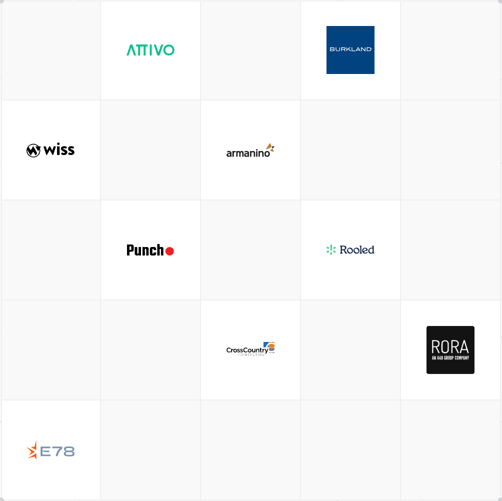 Logo grid of accounting partners including Attivo, Burkland, Wiss, Armanino, Punch Financial, Rooled, CrossCountry Consulting, Rora, and E78