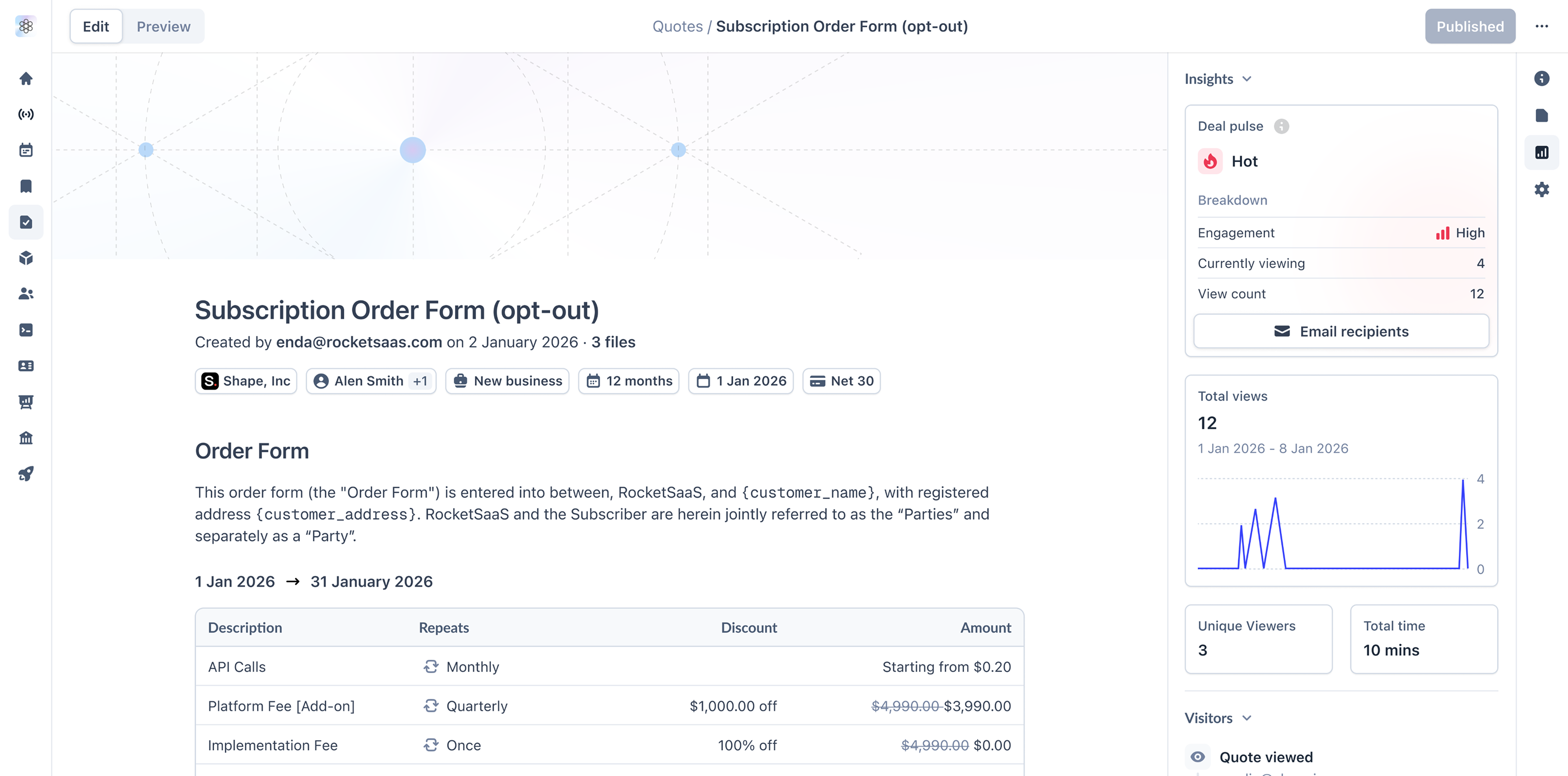 Sequence CPQ interface showing quote builder with pricing and deal terms