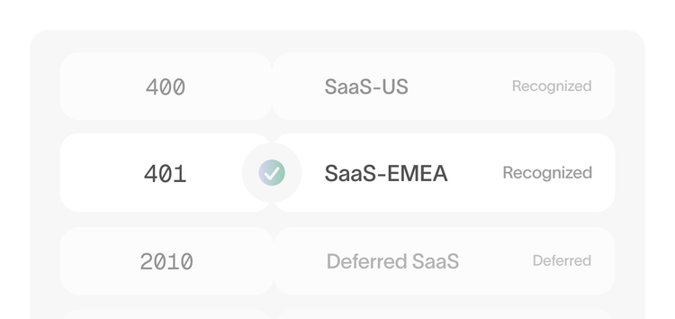 Revenue accounts list showing account codes for Services, SaaS-EMEA, and Deferred SaaS with recognized and deferred revenue labels
