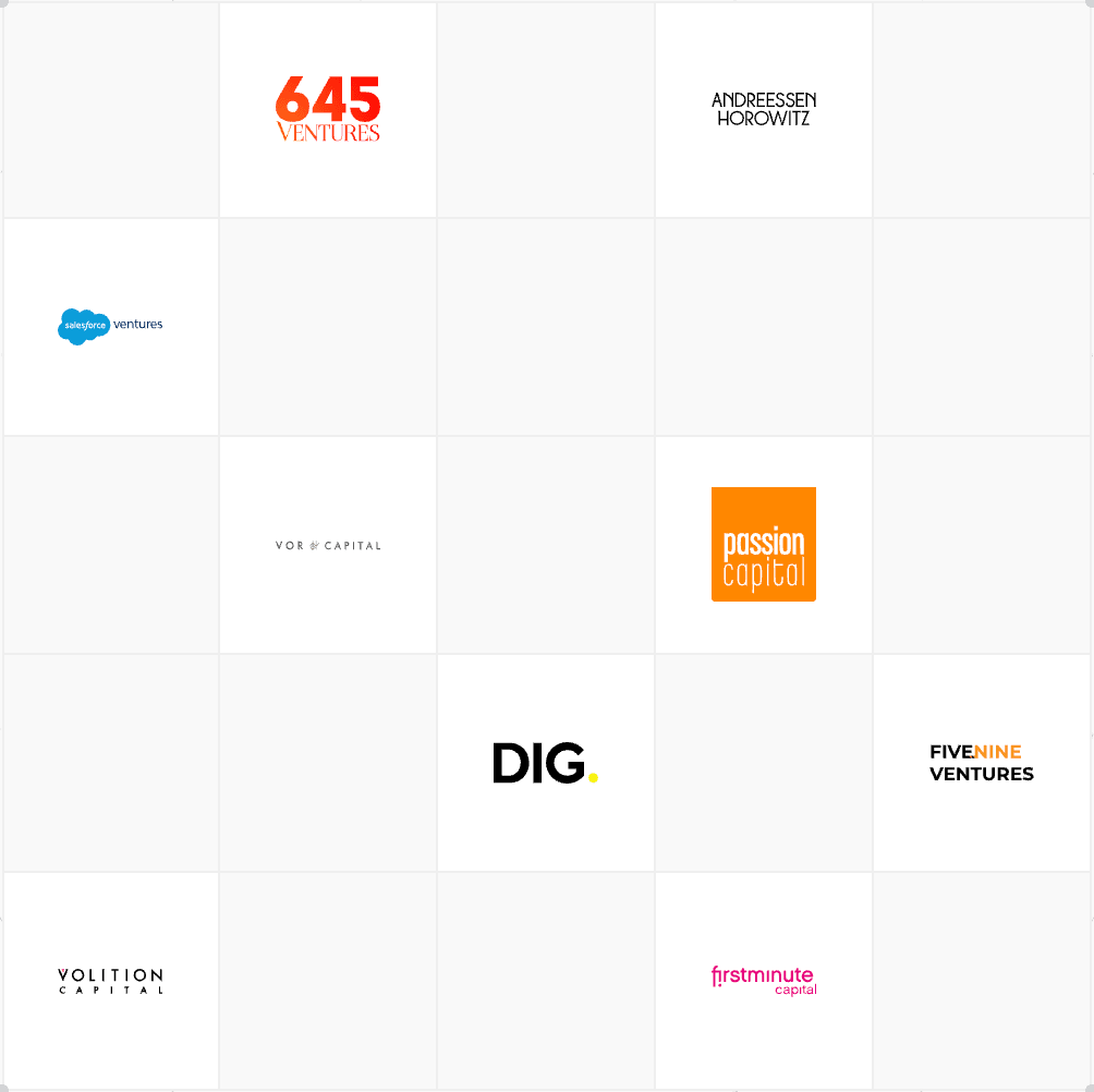 Logo grid of investor partners including 645 Ventures, Andreessen Horowitz, Salesforce Ventures, Passion Capital, Dig Ventures, Five Nine Ventures, Volition Capital, and Firstminute Capital