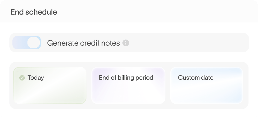End schedule dialog with generate credit notes toggle and date selection options