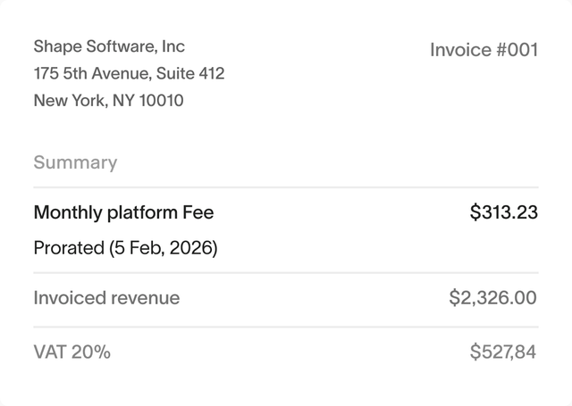 Invoice showing prorated monthly platform fee with calculated partial period charges