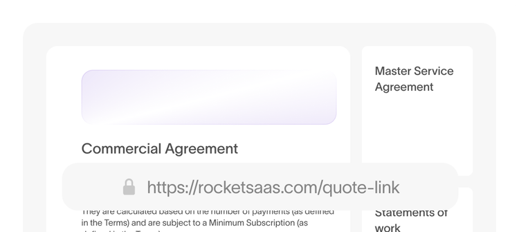 Quote page with Commercial Agreement, shareable link, and attached documents including MSA and SOW